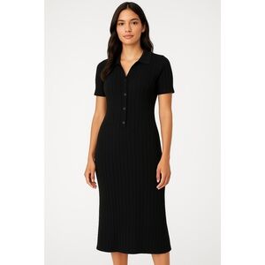 Liz Claiborne Gray Midi Length Short Sleeve Collared 3 Button Ribbed Dress Large